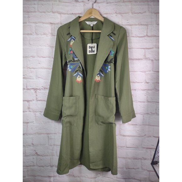 Davi & Dani Open Duster Sz S Green Embroidered Open Long Pockets Boho Hipster - Picture 9 of 11